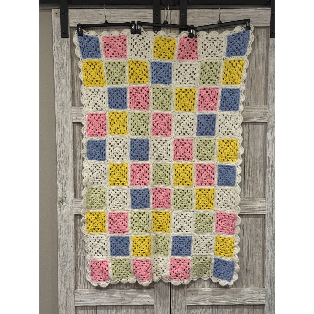 Handmade Crocheted Baby Blanket Pastel‎ Granny Square Patches 37×58 “